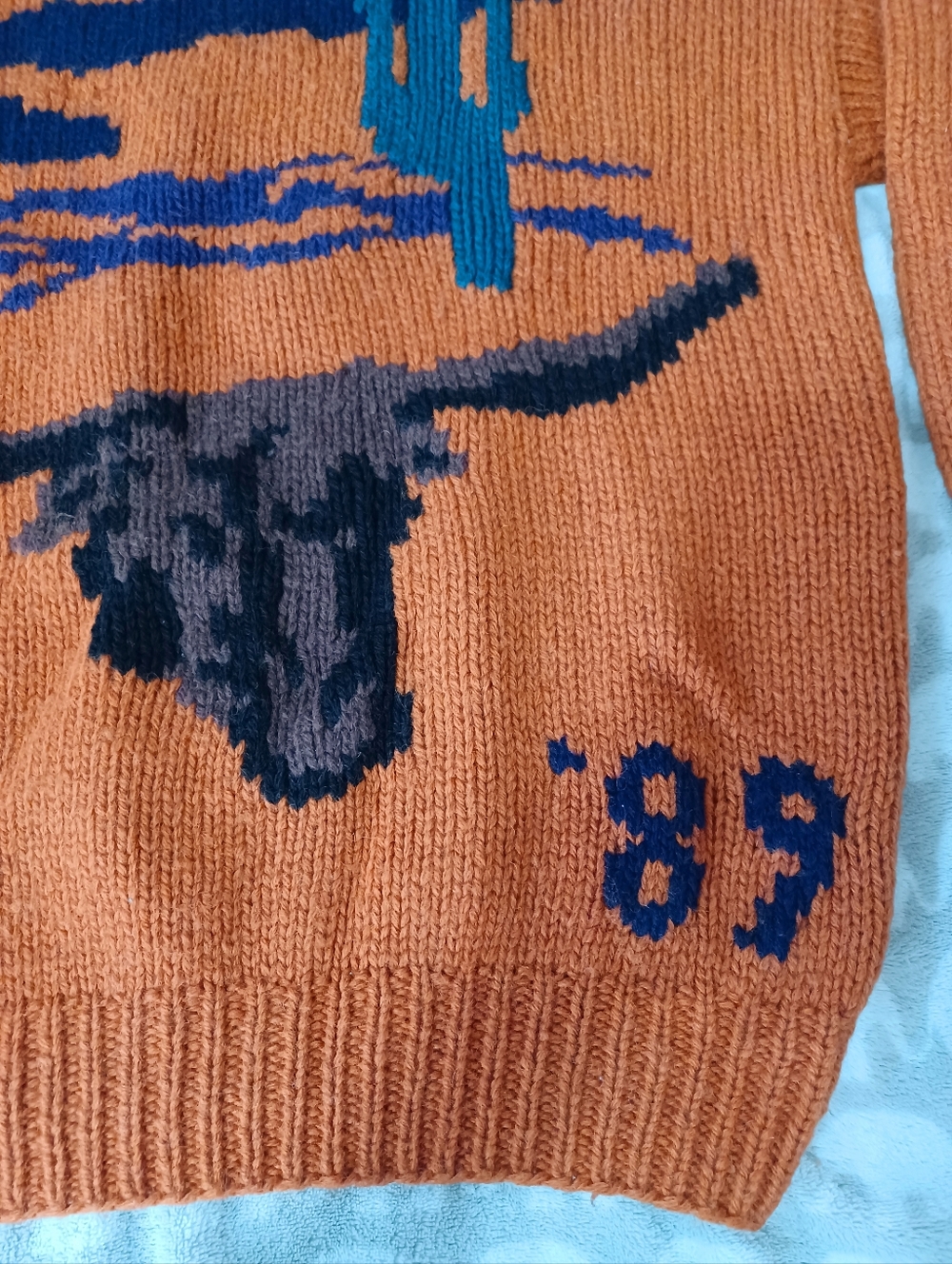 GAP 1989 Handknit Vintage Orange Sweater Southwest Cactus Cow Skull Bull L Wool - Picture 5 of 10